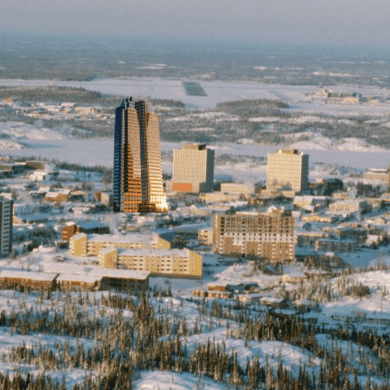Die Hard's Nakatomi Plaza awkwardly photoshopped into an old image of Yellowknife, as seen on Google Maps.